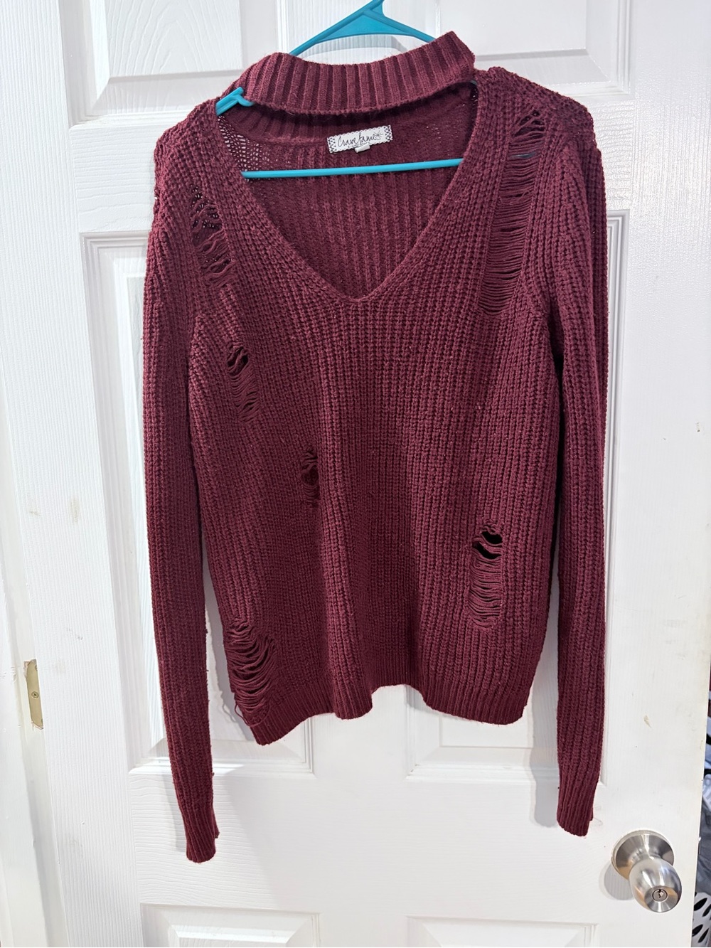 Almost Famous Burgundy Distressed Choker V-Neck Sweater S